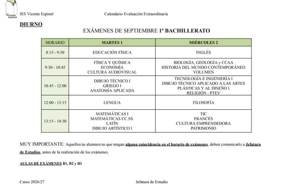 📅 Publicados los calendarios de la evaluación extraordinaria de septiembre