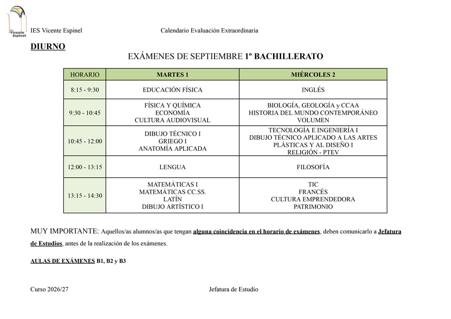 📅 Publicados los calendarios de la evaluación extraordinaria de septiembre